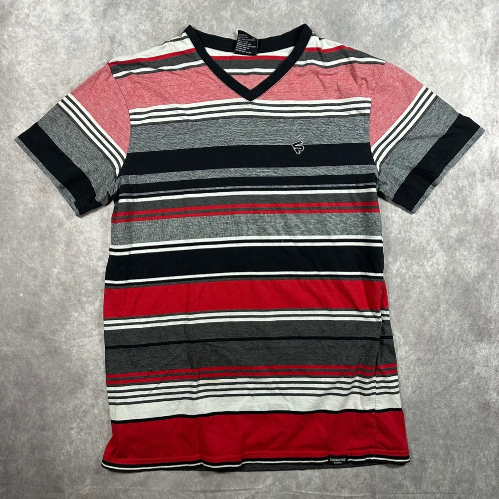 Southpole Mens XL V-Neck Striped T-Shirt‎ Red Gray Black Tee Y2K Style MCMXCI